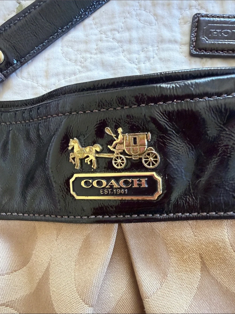 Coach Beige Signature Canvas Shoulder Bag with Black Patent Trim